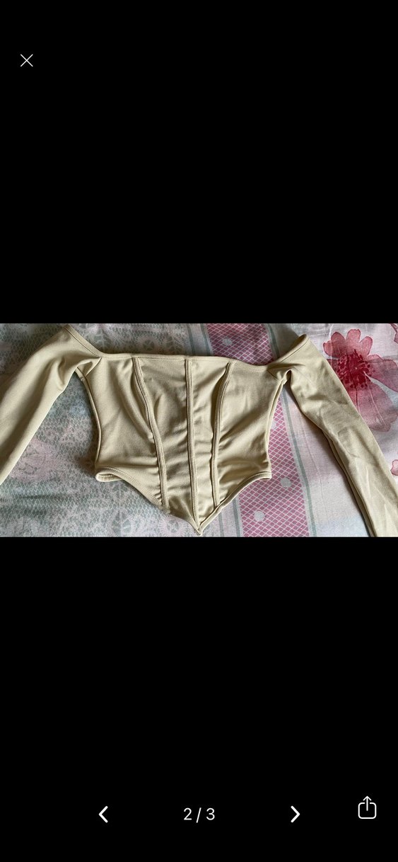 Bej Straplez crop Uzun Kollu arkası fermuarlı - Görsel 2