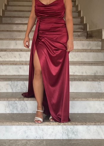 Bordo Drapeli straplez Uzun Abiye - Görsel 8