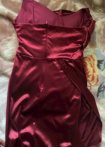 Bordo Drapeli straplez Uzun Abiye - Görsel 4