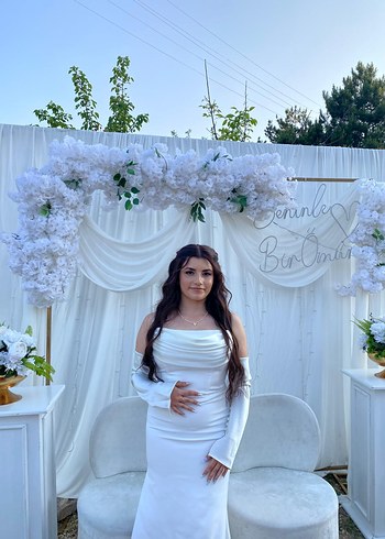 Zara Uzun Kollu uzun Beyaz Nişan Elbisesi