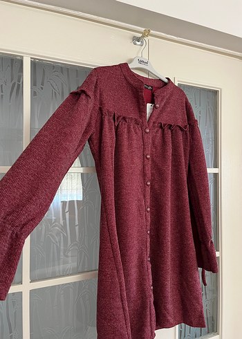 40 Beden Bordo Uzun Kollu Düğmeli Salaş Tunik