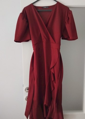Bordo Midi Drapeli V Yaka Elbise