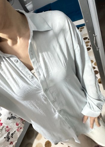 Gri Kadın Düğmeli Uzun Kollu Gömlek - Görsel 2