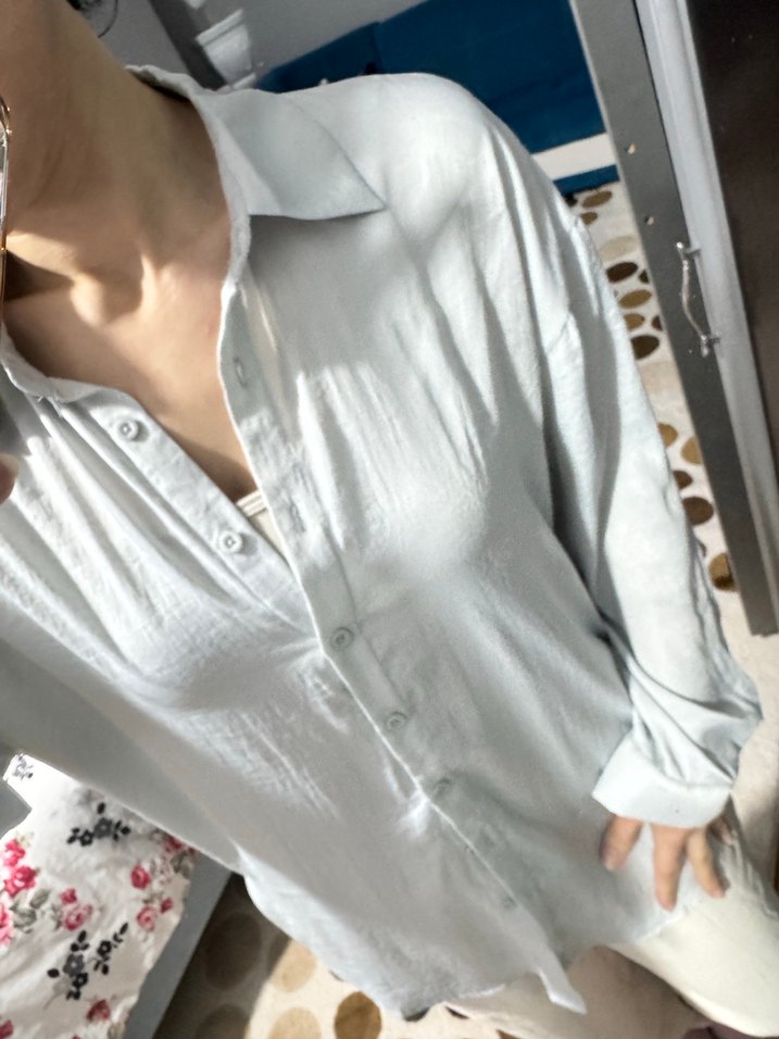 Gri Kadın Düğmeli Uzun Kollu Gömlek - Görsel 2