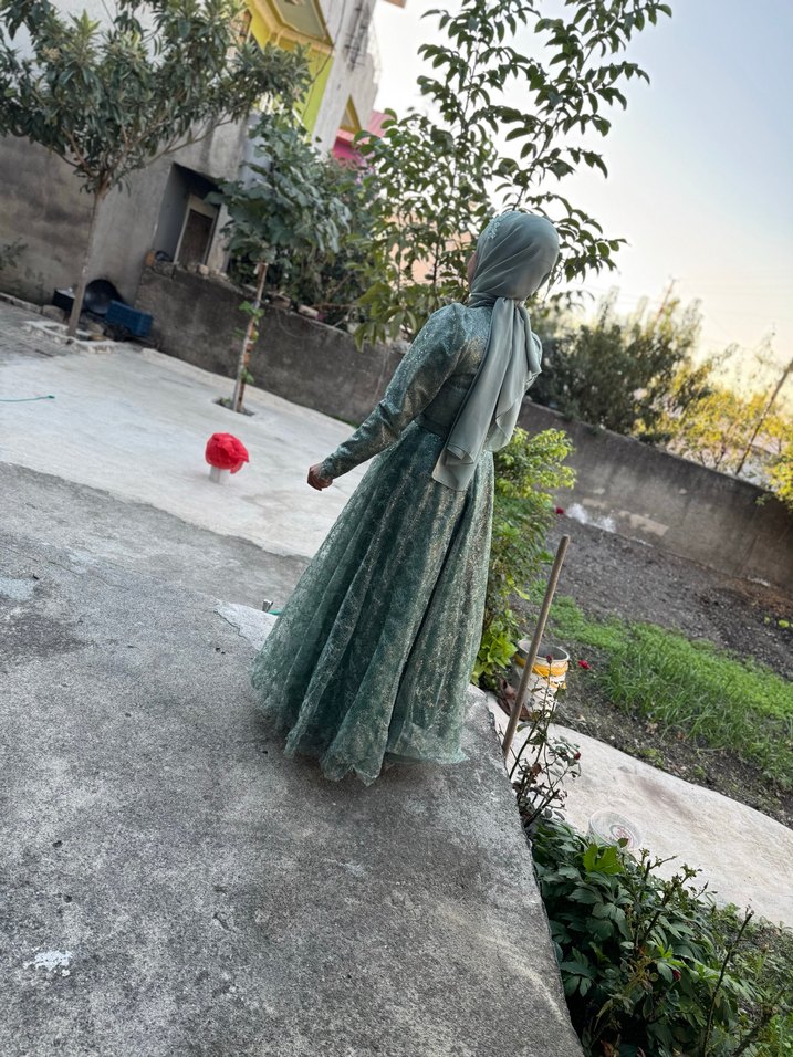 Uzun Kol, Yüksek Yaka, Bağlama Desenli Kadın Elbise - Görsel 2