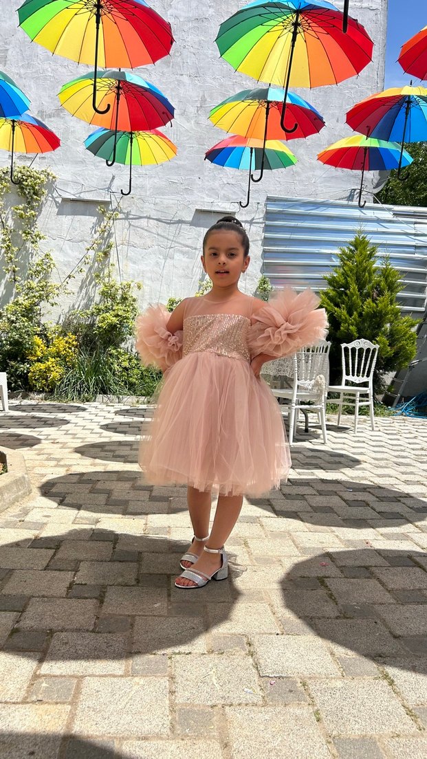 Pembe Nakışlı Straplez Kız Çocuk Elbise - Görsel 2