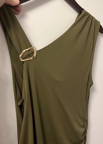 Drapeli Kolsuz Haki Uzun Elbise - Görsel 2