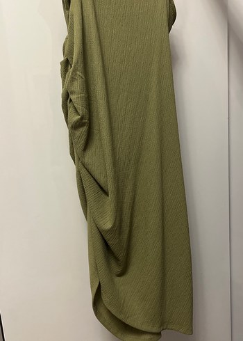 Drapeli Kolsuz Keten Midi Elbise - Görsel 4