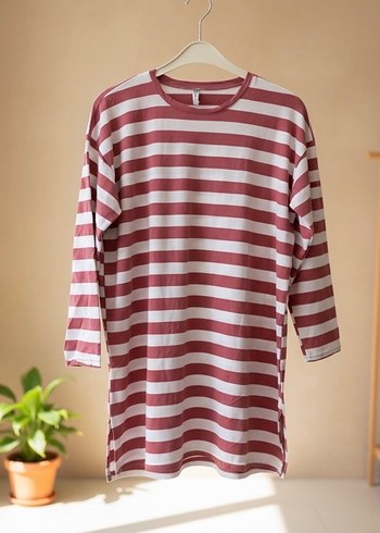 Bordo Çizgili Uzun Kollu Midi Tunik