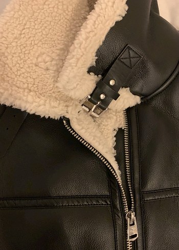 Siyah,Deri,İçi Yün Detaylı,Kemerli Biker Ceket - Görsel 2