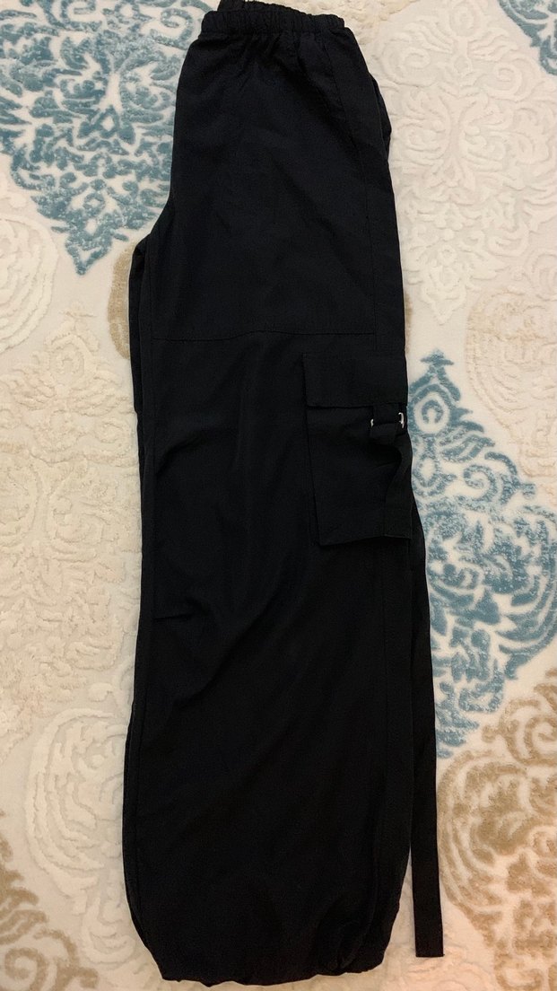 Siyah,Kemer Detaylı,Paraşüt Kumaş Pantolon - Görsel 2