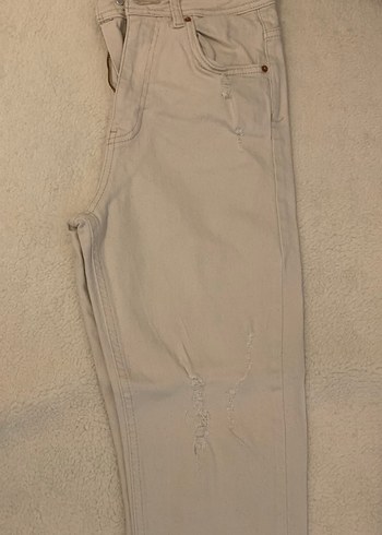 Bej Midi Kadın Kot Pantolon,Yırtık Diz Detay Jean,Mom Jean - Görsel 2