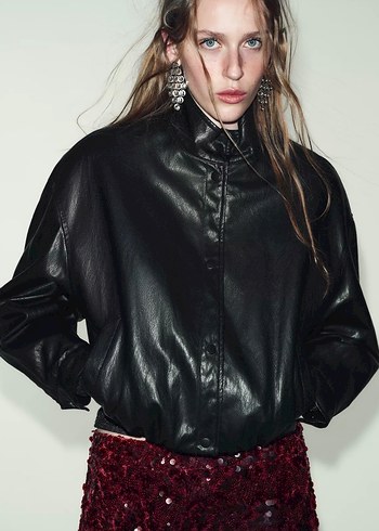 Siyah Deri Kadın Ceket, Kuşaklı, Salaş - Görsel 2