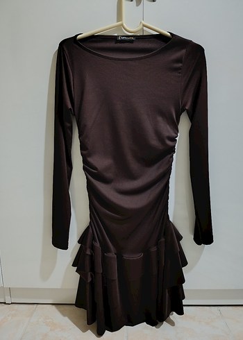 Kahverengi Uzun Kollu Mini Elbise - Görsel 6