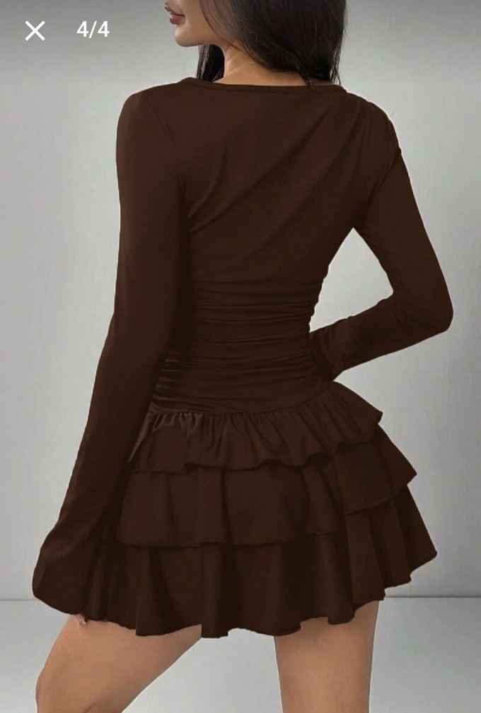 Kahverengi Uzun Kollu Mini Elbise - Görsel 2