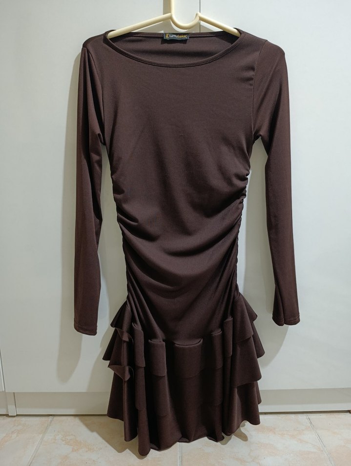 Kahverengi Uzun Kollu Mini Elbise - Görsel 4