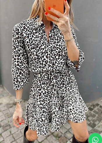 Leopar Desenli Kemerli Mini Elbise - Görsel 3