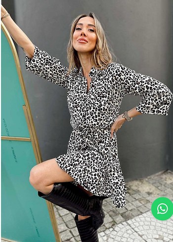Leopar Desenli Kemerli Mini Elbise - Görsel 2