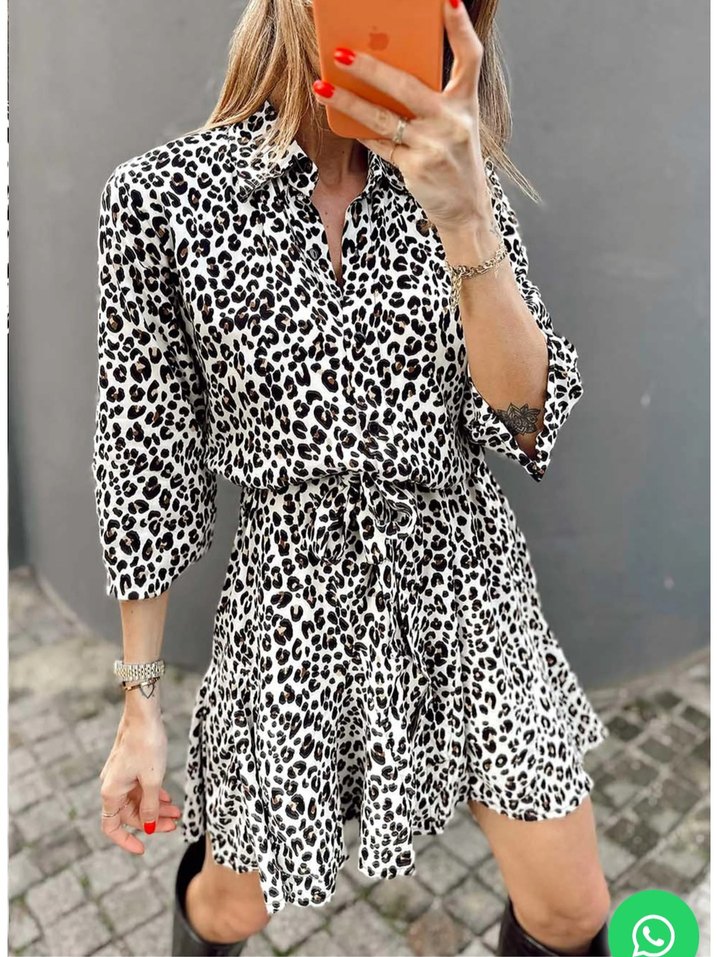 Leopar Desenli Kemerli Mini Elbise - Görsel 3