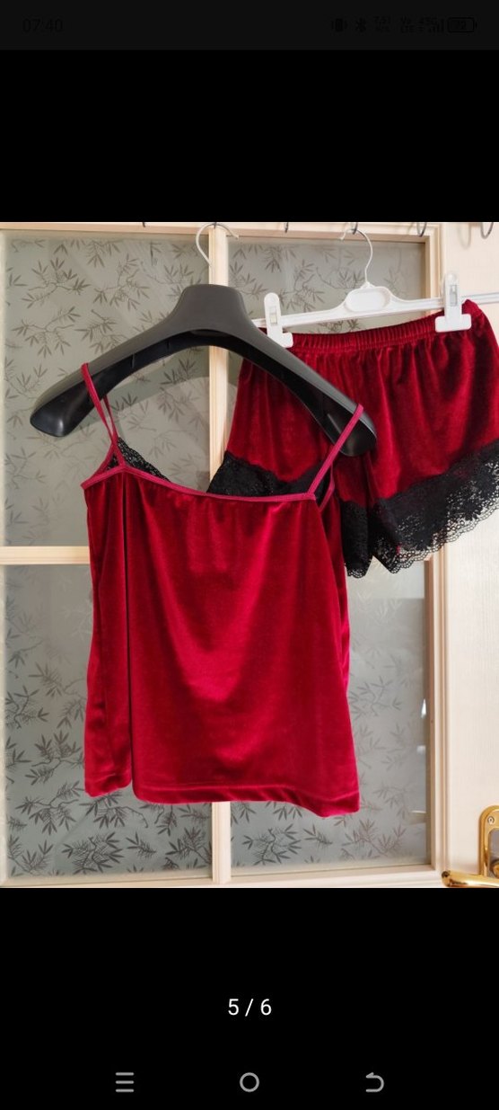 Kırmızı Dantelli Kadın Mini kadife Pijama Takımı - Görsel 4