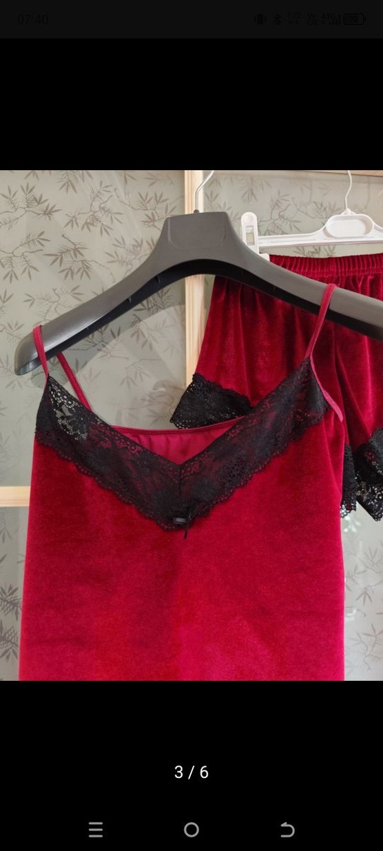 Kırmızı Dantelli Kadın Mini kadife Pijama Takımı - Görsel 2