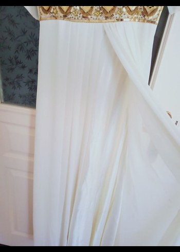 Beyaz Nakışlı Drapeli Uzun vintage Abiye Elbise - Görsel 2