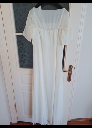 Beyaz Nakışlı Drapeli Uzun vintage Abiye Elbise - Görsel 3