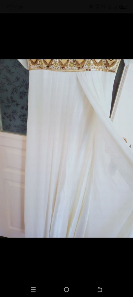Beyaz Nakışlı Drapeli Uzun vintage Abiye Elbise - Görsel 2