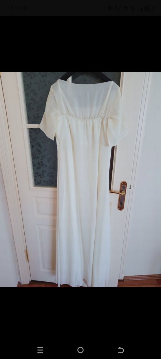 Beyaz Nakışlı Drapeli Uzun vintage Abiye Elbise - Görsel 3