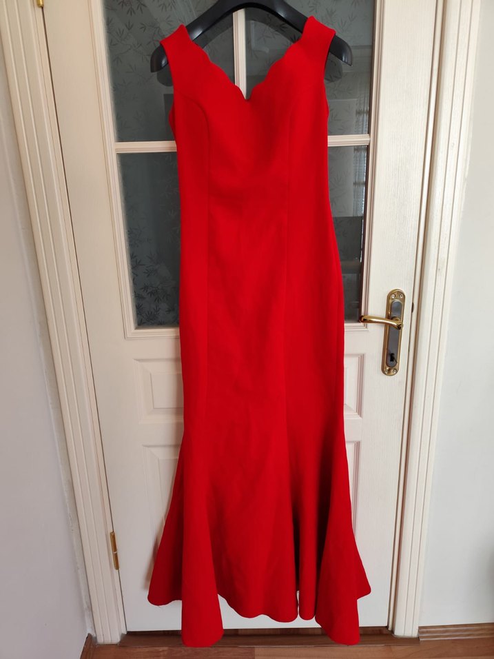 Kırmızı V Yakalı Uzun Abiye Elbise - Görsel 3