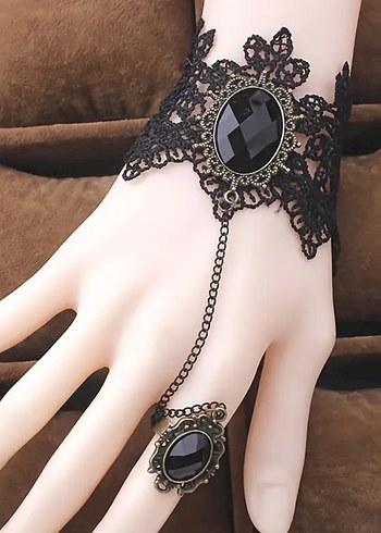 American Vintage Dantel İşlemeli Siyah Gotik El Zinciri , gotik bileklik