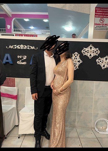 Uzun Bej Payetli Boncuk İşlemeli Abiye Elbise - Görsel 2