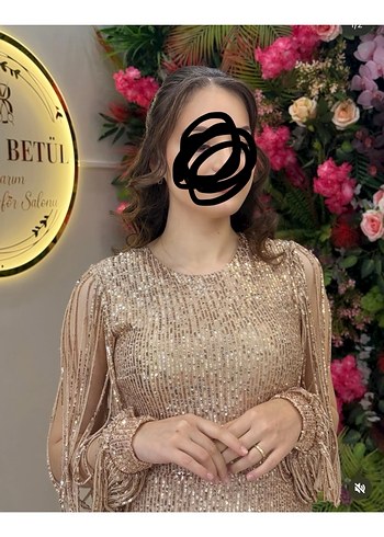 Uzun Bej Payetli Boncuk İşlemeli Abiye Elbise - Görsel 3