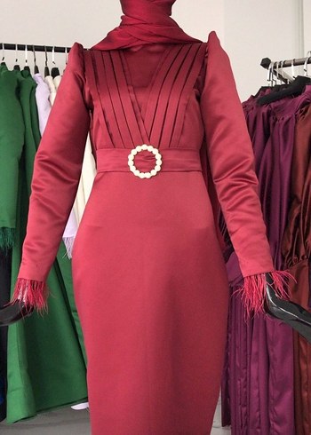 Bordo Pilili Uzun Abiye Elbise