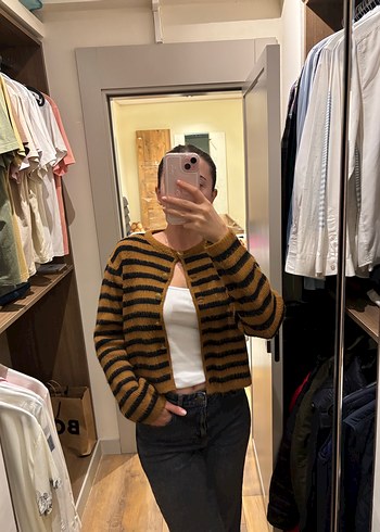 Kahverengi Çizgili Örgü Kadın Kazak - Görsel 2