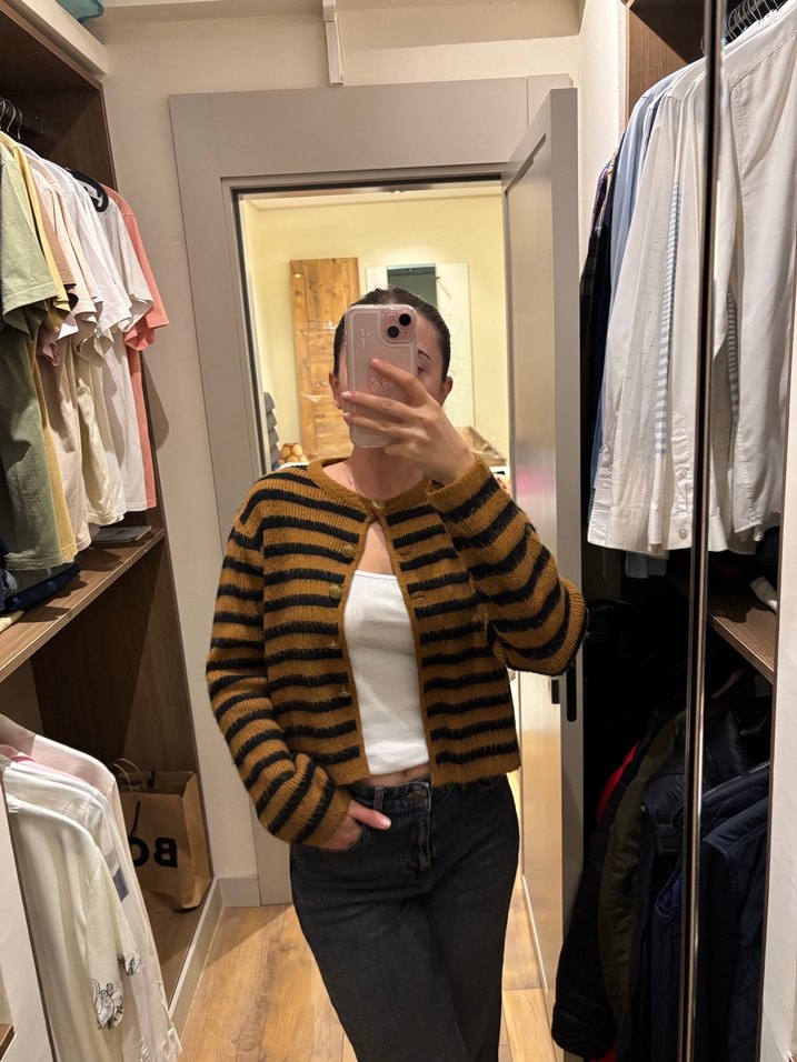 Kahverengi Çizgili Örgü Kadın Kazak - Görsel 2