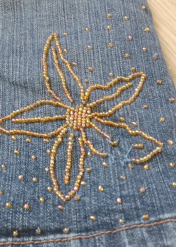 32 Beden Nakışlı Düğmeli Mavi Denim Mini Etek