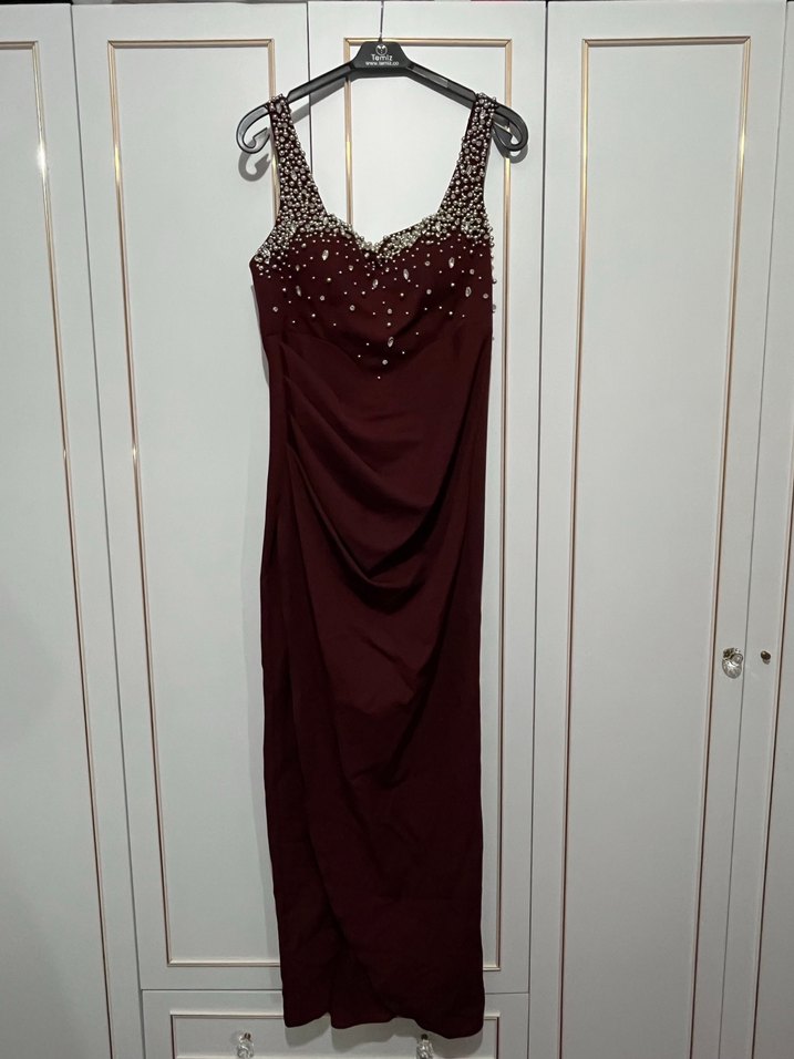 Bordo Drapeli Uzun Abiye Elbise - Görsel 3