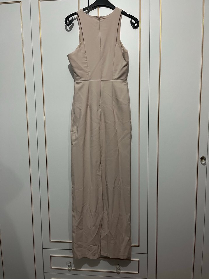 Bej bisiklet yaka halter kesim uzun elbise - Görsel 2