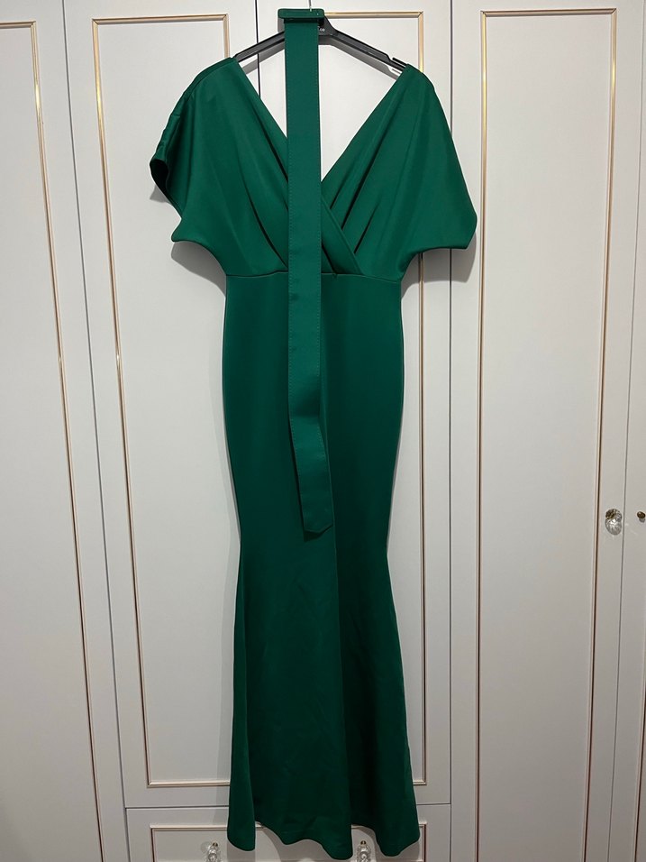 Yeşil Uzun V Yaka Elbise - Görsel 4