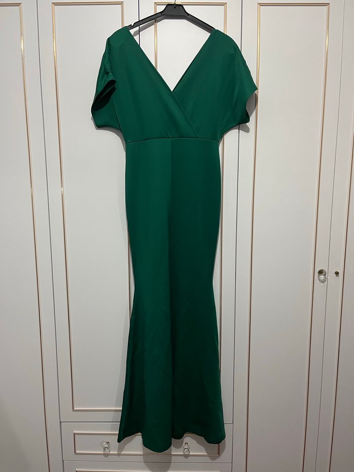 Yeşil Uzun V Yaka Elbise - Görsel 3