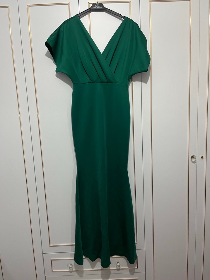 Yeşil Uzun V Yaka Elbise - Görsel 2