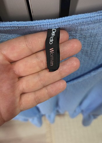 l Beden Mavi Keten V Yakalı Kısa Kollu Bluz