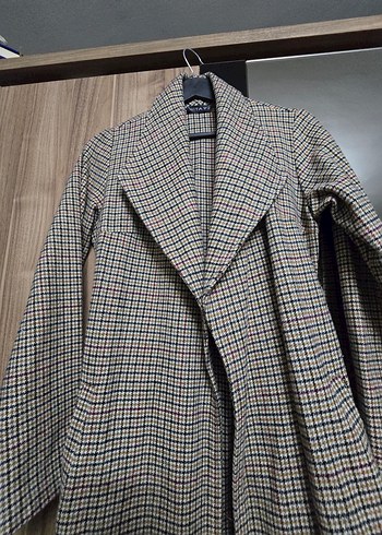 Gri Ekose Desenli Kadın Uzun Kaban - Görsel 3