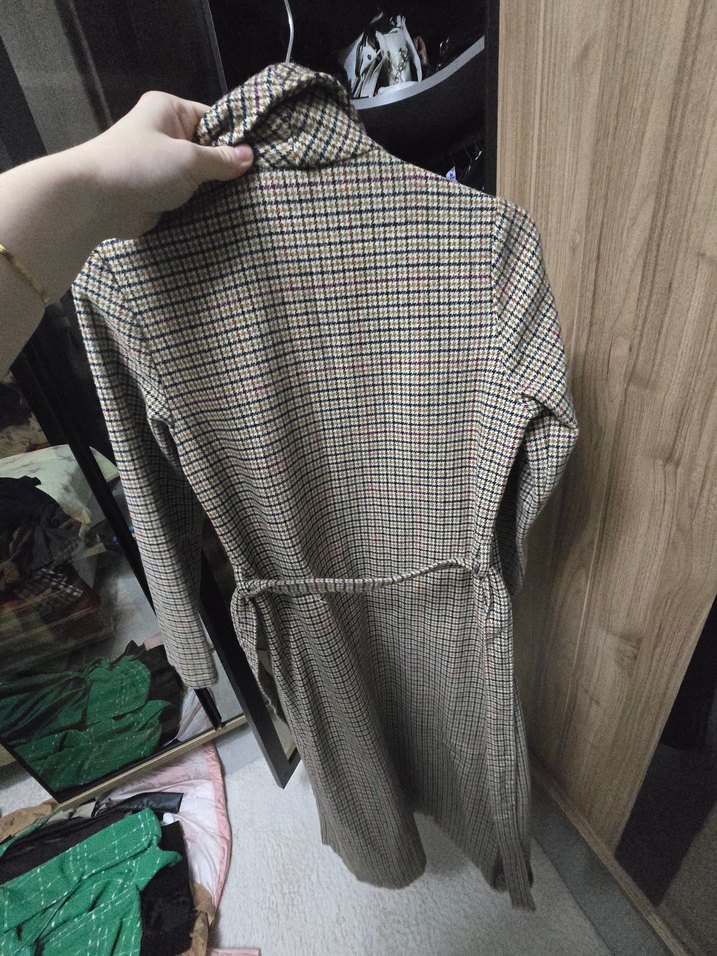 Gri Ekose Desenli Kadın Uzun Kaban - Görsel 2