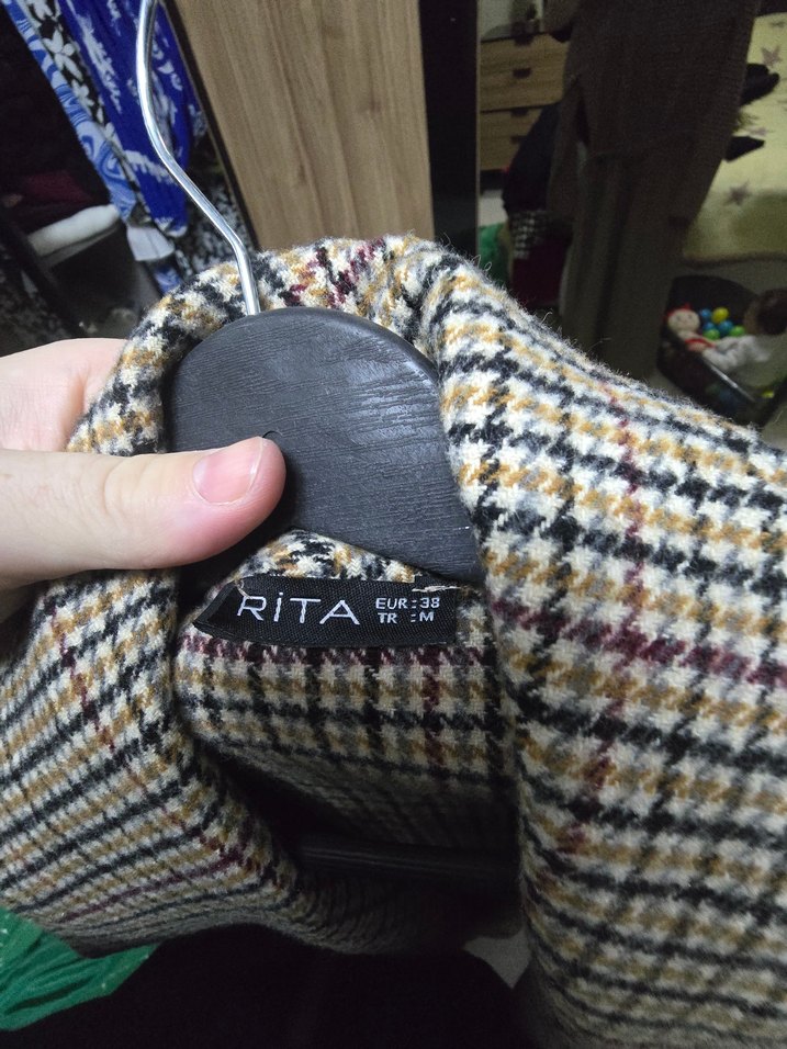 Gri Ekose Desenli Kadın Uzun Kaban - Görsel 4