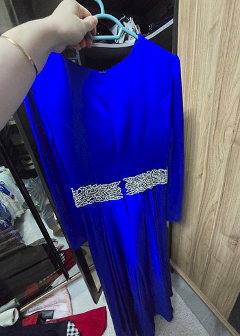 Uzun Kollu Mavi Drape Abiye Elbise - Görsel 4