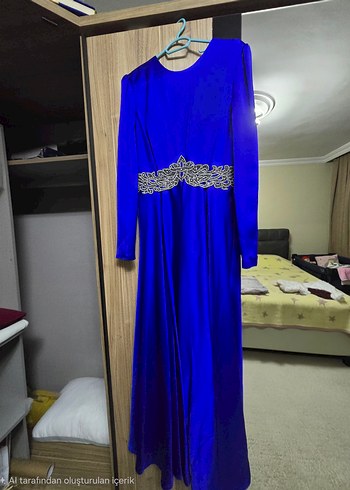 Uzun Kollu Mavi Drape Abiye Elbise - Görsel 3