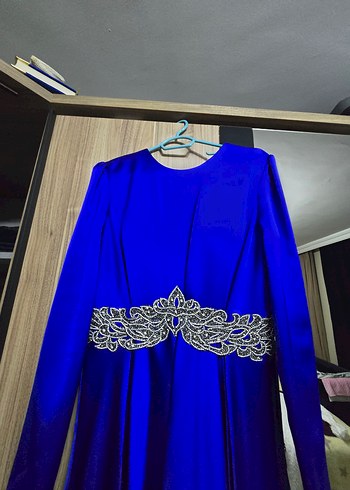 Uzun Kollu Mavi Drape Abiye Elbise - Görsel 5