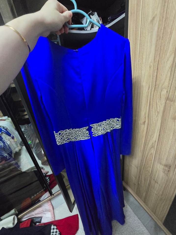 Uzun Kollu Mavi Drape Abiye Elbise - Görsel 4